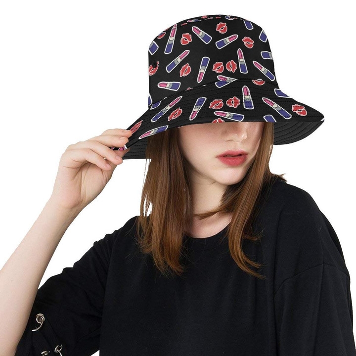 Lipstick Pattern Print Design Black Backguond Unisex Bucket Hat