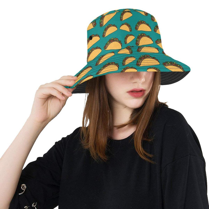 Taco Pattern Dark Green Background Unisex Bucket Hat