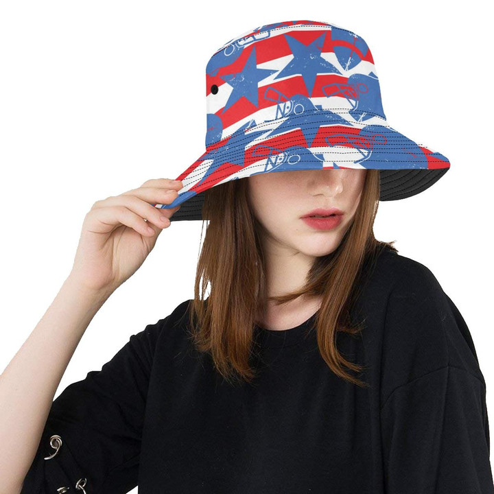 Red And White Abstract Art Blue Star Pattern Unisex Bucket Hat