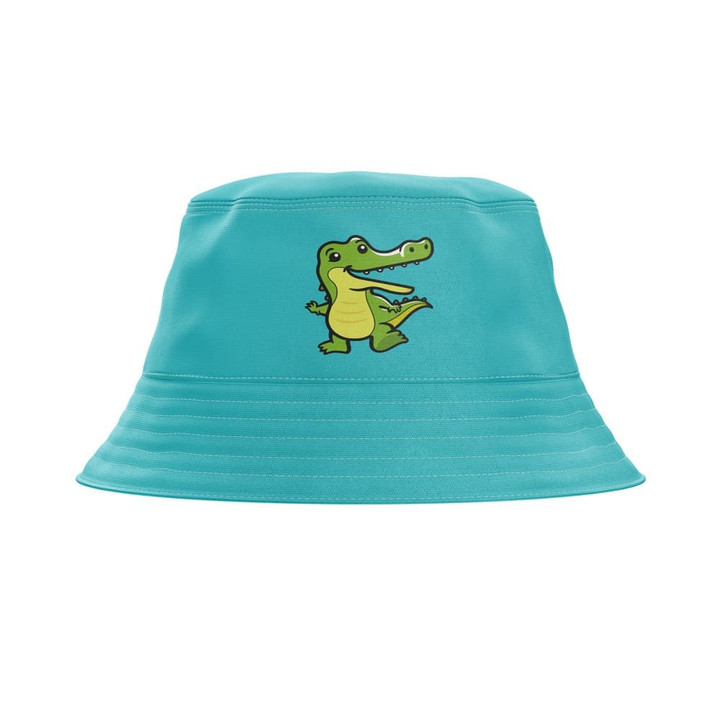 Snappy Green Crocodile Blue Background Bucket Hat
