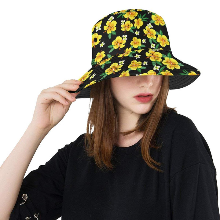 Yellow Hibiscus Pattern Black Background Unisex Bucket Hat