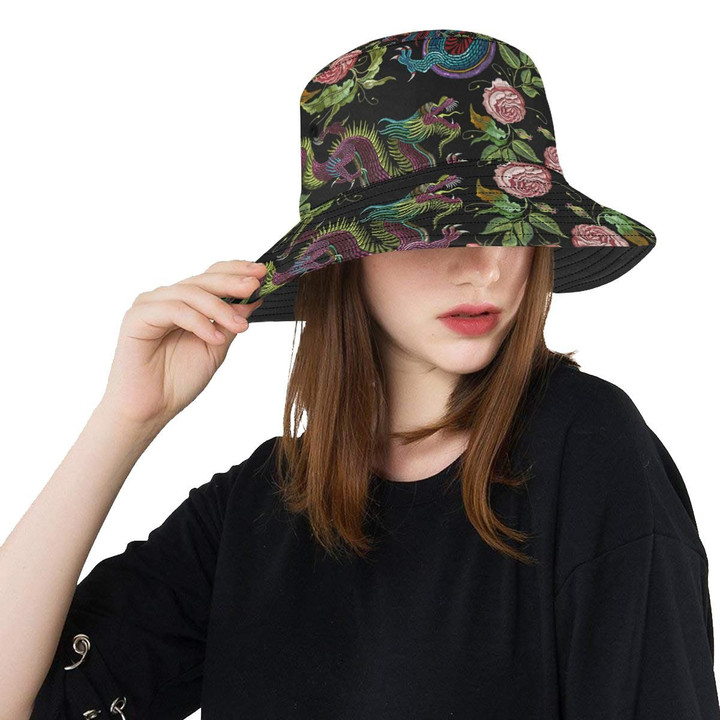 Dragons Flower Design Pattern Unisex Bucket Hat
