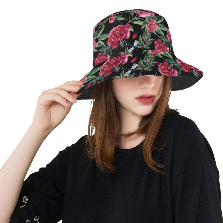 Pink Peony Leaves Pattern Print Design Unisex Bucket Hat
