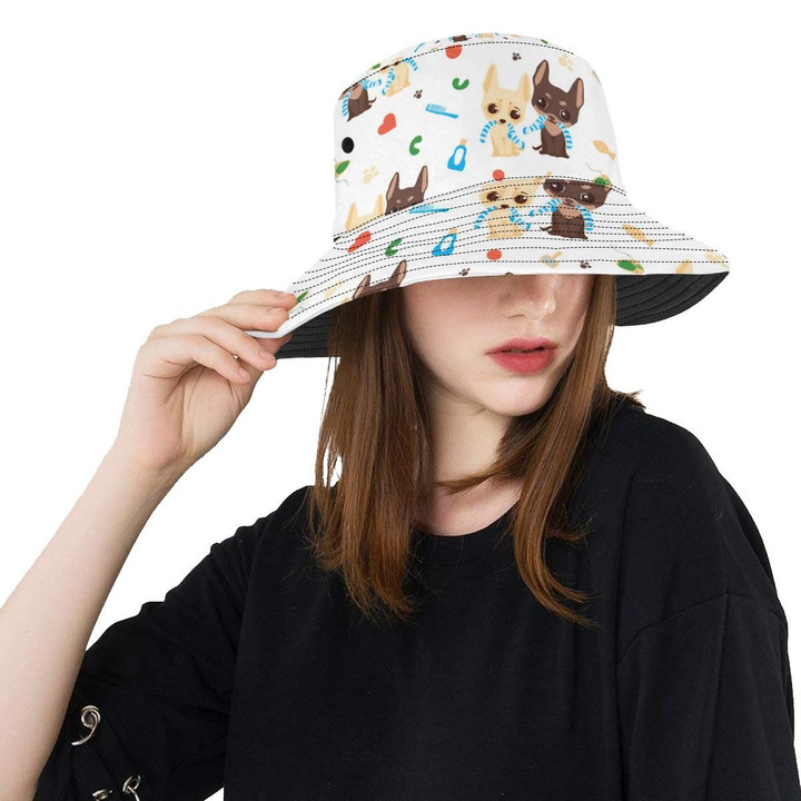 Cute Chihuahua Dog Couple In Love Pattern White Theme Unisex Bucket Hat