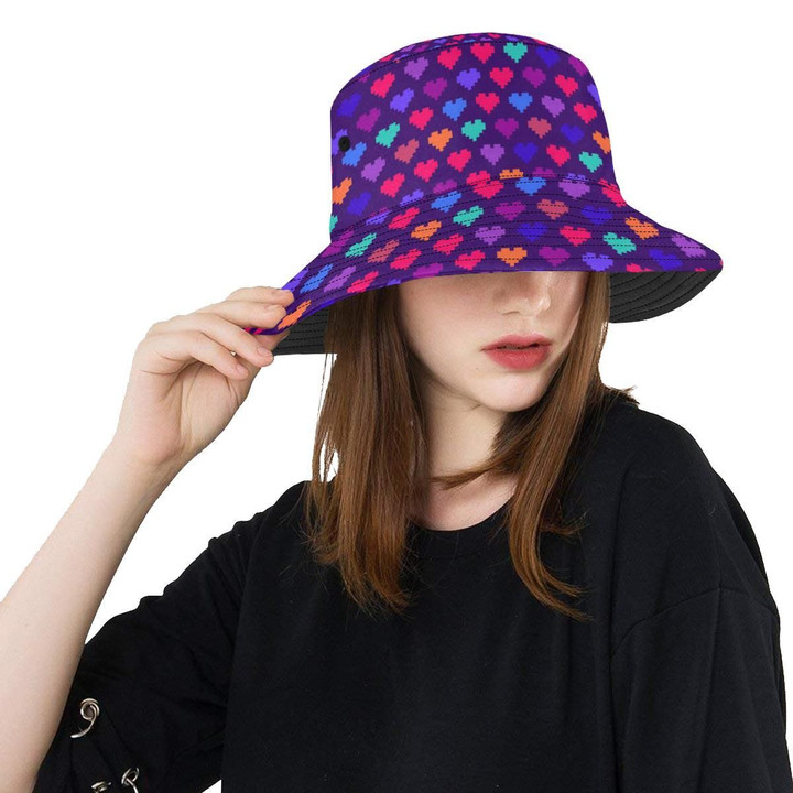 Heart Pixel Pattern Dark Purple Skin Unisex Bucket Hat