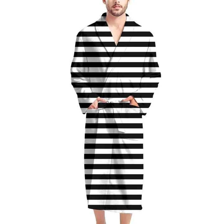 Black And White Striped Pattern Satin Bathrobe Fleece Bathrobe