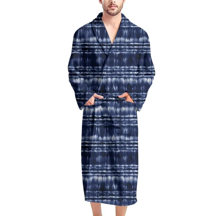 Indigo Dye Shibori Deep Blue Pattern Satin Bathrobe Fleece Bathrobe