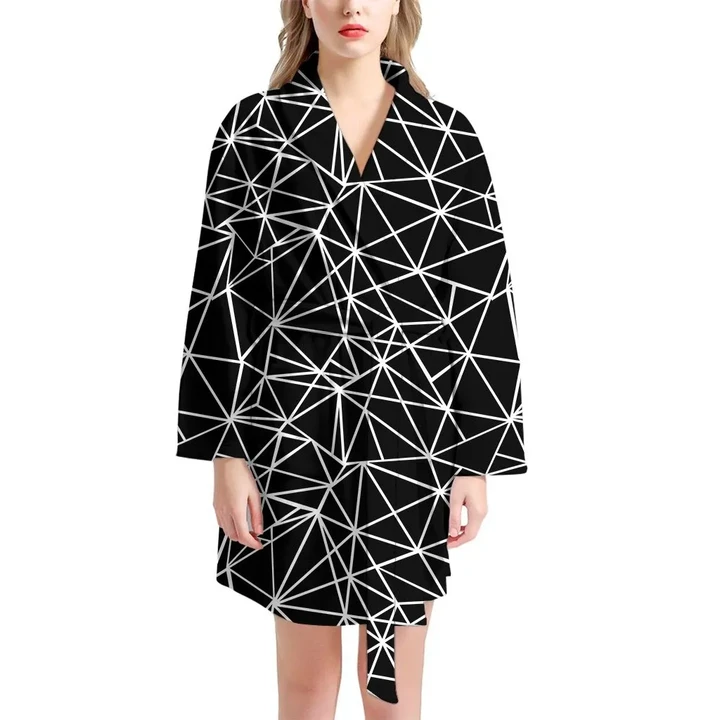 Geometric Mosaic Theme On Black Satin Bathrobe Fleece Bathrobe