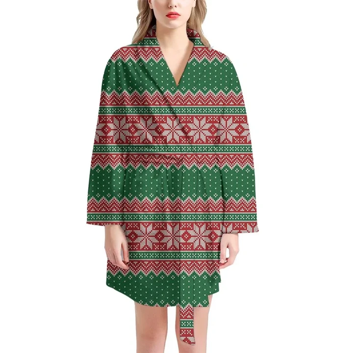 Christmas Knitted Green And Red Satin Bathrobe Fleece Bathrobe