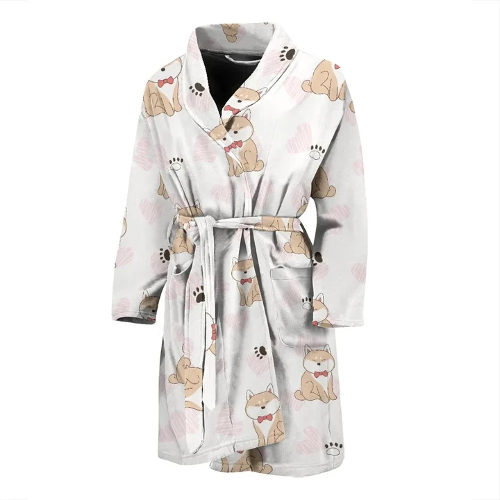 Cute Shiba Inu Heart Pattern Satin Bathrobe Fleece Bathrobe
