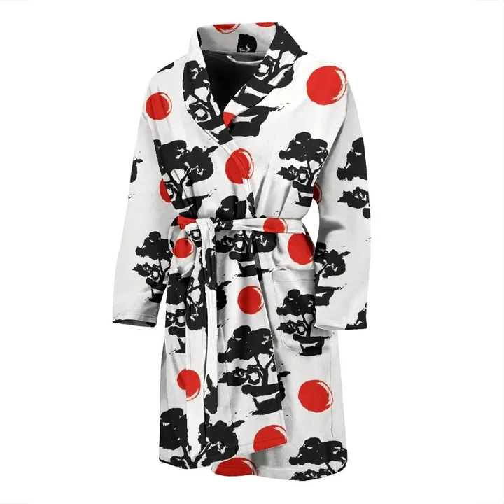 Red Dot And Black Bonsai Pattern Satin Bathrobe Fleece Bathrobe