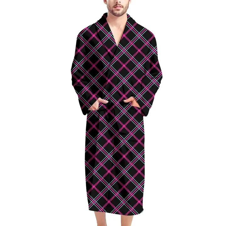 Black Pink And Blue Tartan Pattern Satin Bathrobe Fleece Bathrobe