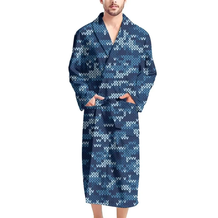 Blue Camouflage Knitted Little Pattern Satin Bathrobe Fleece Bathrobe