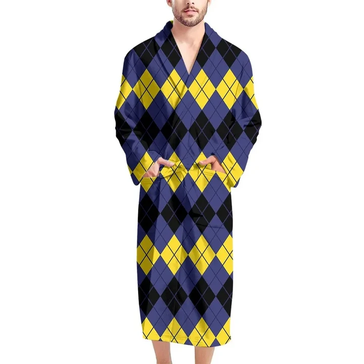 Black Yellow And Blue Argyle Pattern Satin Bathrobe Fleece Bathrobe