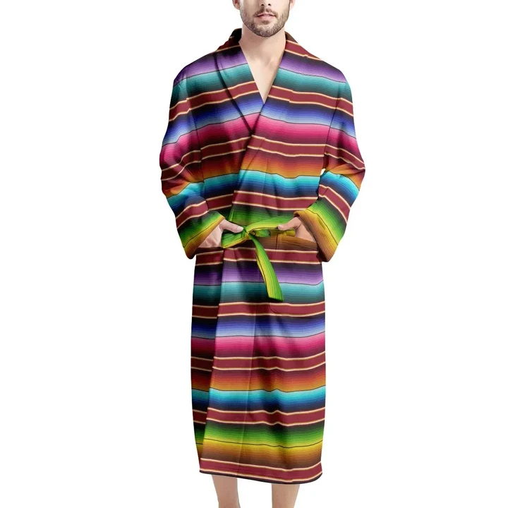 Serape Baja Colored Stripes Pattern Satin Bathrobe Fleece Bathrobe
