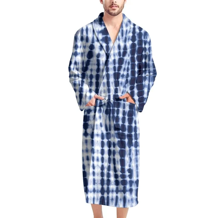 Blue Tie Dye Shibori Pattern Satin Bathrobe Fleece Bathrobe