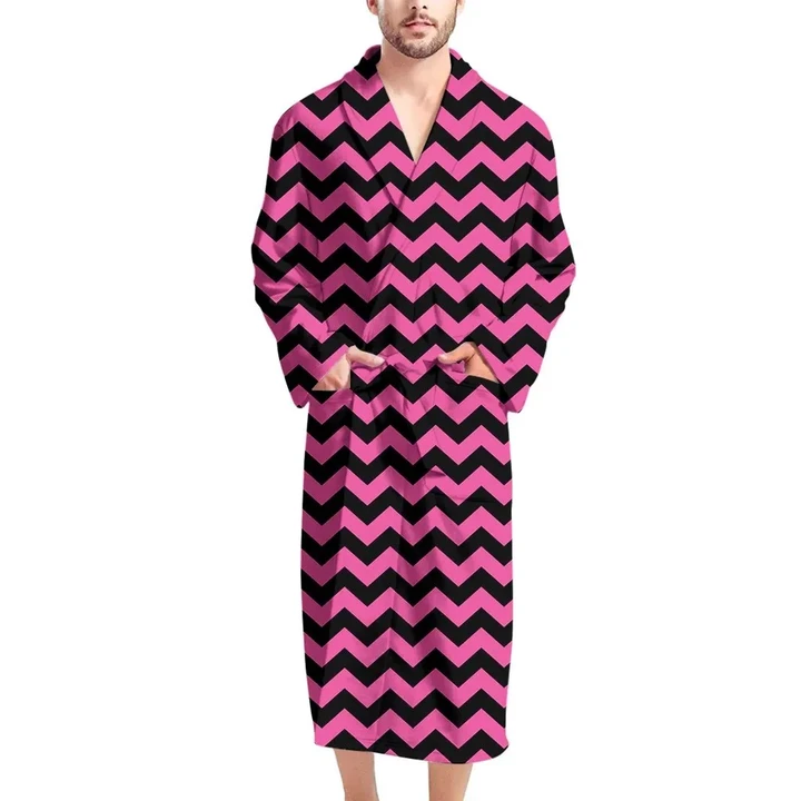 Pink And Black Chevron Pattern Satin Bathrobe Fleece Bathrobe