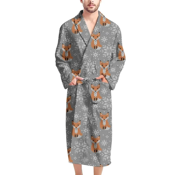 Snowy Fox Knitted Design Satin Bathrobe Fleece Bathrobe