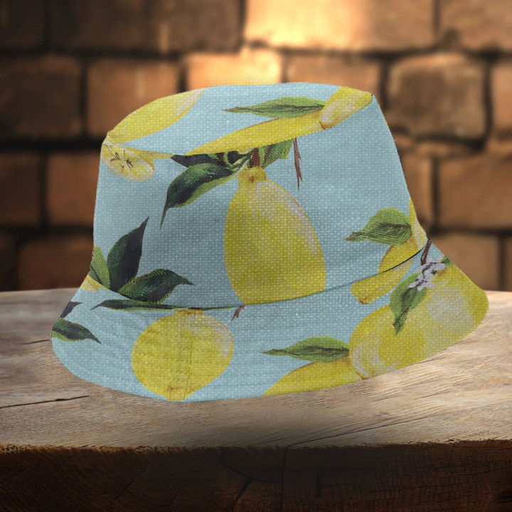 Yellow Lemon Fruit Pattern Light Blue Bucket Hat