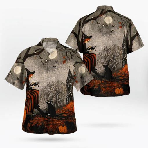 Night Black Cats And Little Witch Pumpkin Halloween Beach Summer 3D Hawaiian Shirt
