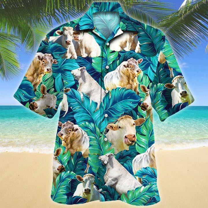 Men Charolais cattle Hawaii Shirt Green Cattle Lover Casual Beach Summer 3D Hawaiian Shirt