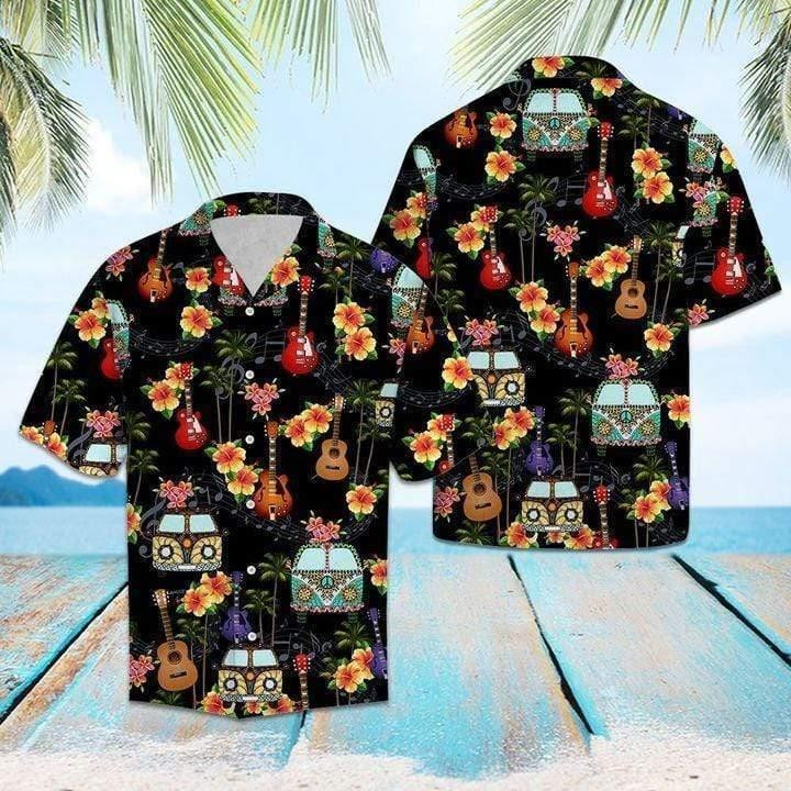Hippie Camping Car Guitar Beach Summer 3D Hawaiian Shirt
