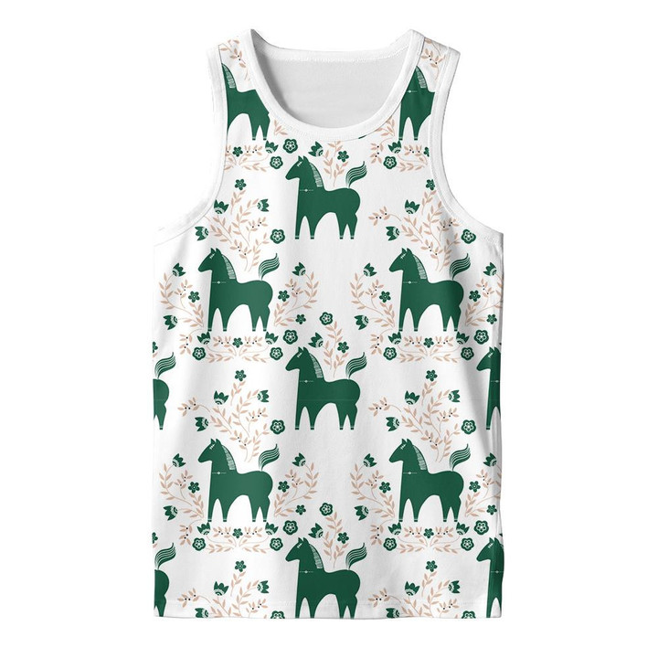Cartoon Style Green Horse And Flowers 3D Men's Tank Top