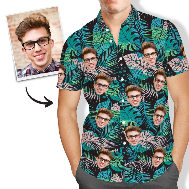 Green Leaves Pattern Custom Image With Face Funny 3D Hawaiian Shirt