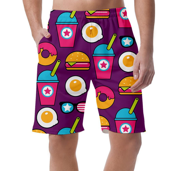Pop Art American Pattern With Fastfood On Purple Background Can Be Custom Photo 3D Men's Shorts