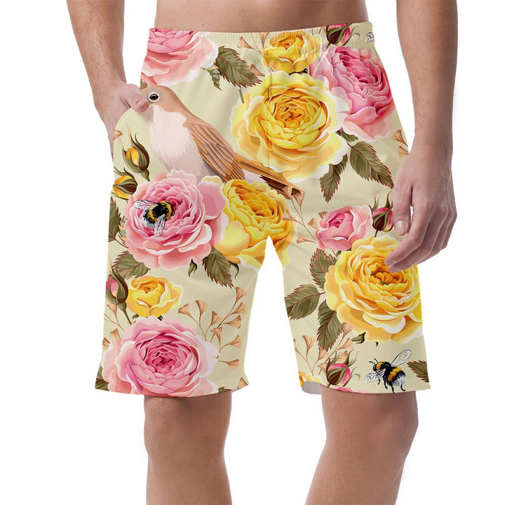 Pretty English Roses In Pink And Yellow With Bird Pattern Can Be Custom Photo 3D Men's Shorts