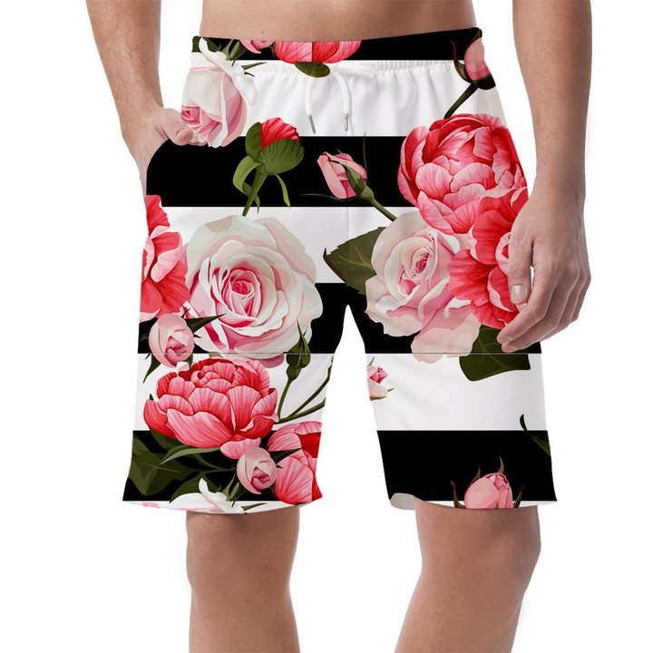Peony Pink Roses Branch On Black White Stripes Design Can Be Custom Photo 3D Men's Shorts