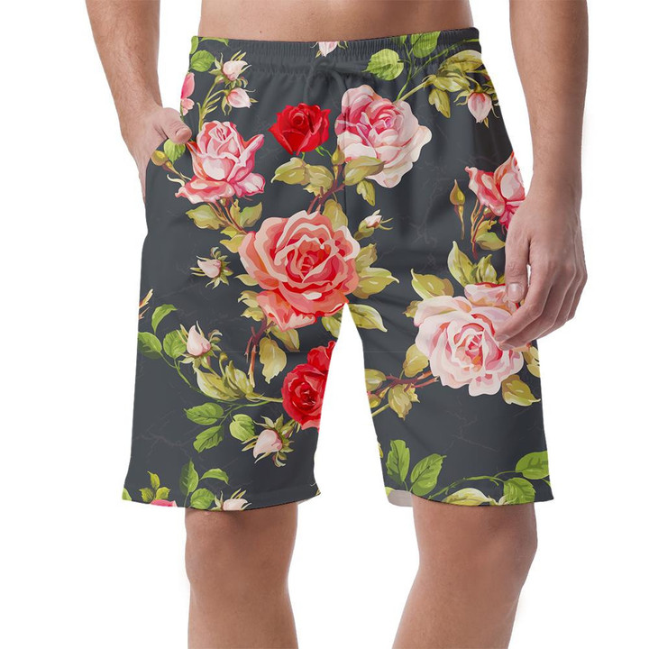 Pink And Red Roses On Branch Watercolor Art Design Can Be Custom Photo 3D Men's Shorts