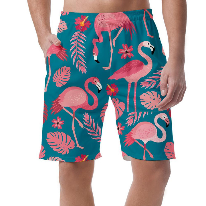 Pink Flamingos In Different Poses With Tropical Leaves Can Be Custom Photo 3D Men's Shorts