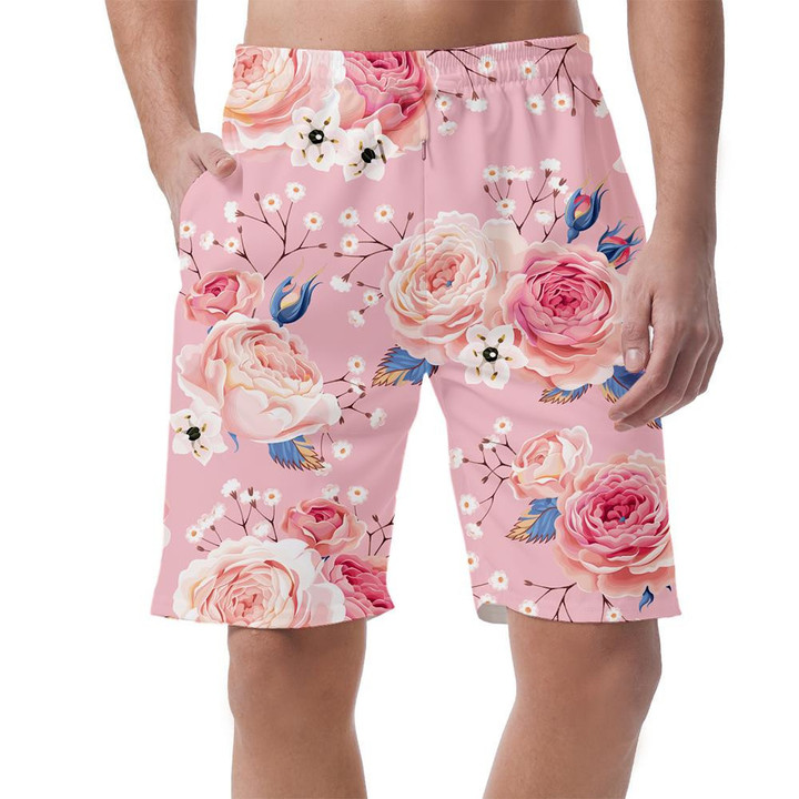 Pink Theme English Rose With Little White Flower Pattern Can Be Custom Photo 3D Men's Shorts
