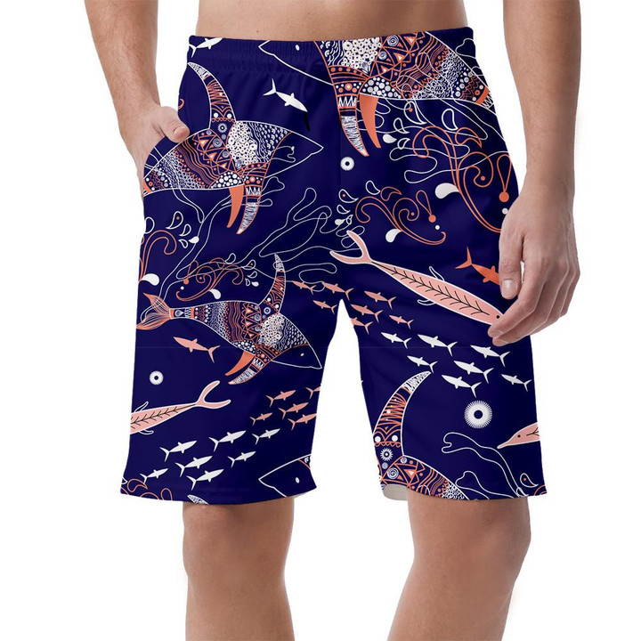 Pattern Of Marine Fish And Sharks On A Navy Blue Background Can Be Custom Photo 3D Men's Shorts