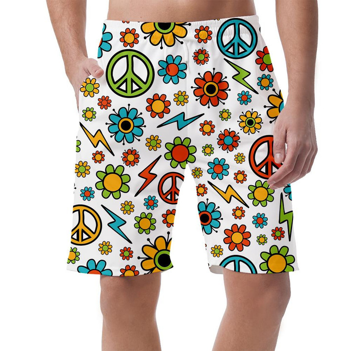 Pattern Of Flowers And Hippie Peace Symbol On White Background Can Be Custom Photo 3D Men's Shorts