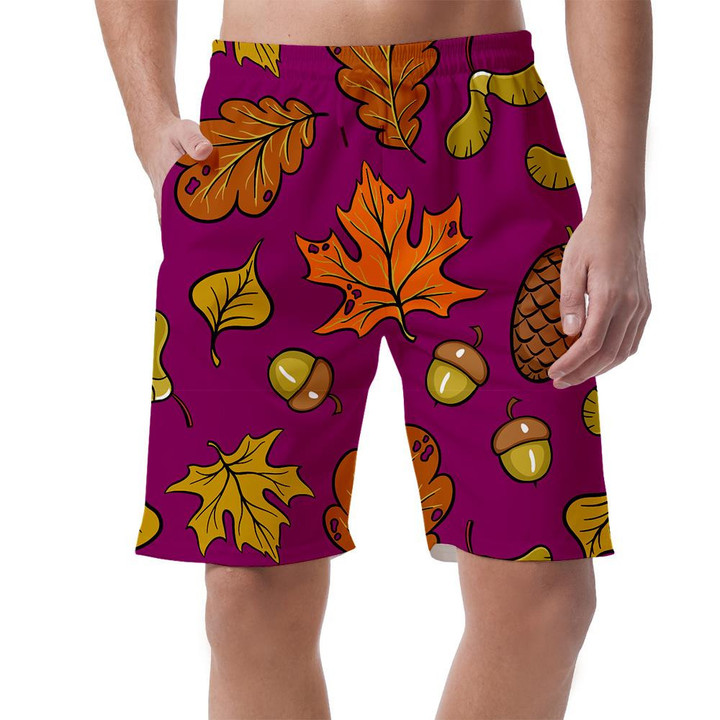 Pine Corns With Acorns Autumn Leaves On Purple Background Can Be Custom Photo 3D Men's Shorts