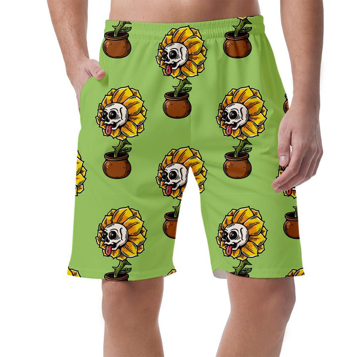 Spooky Skull Face Stick Out Tongue On Sunflower Pots Pattern Can Be Custom Photo 3D Men's Shorts