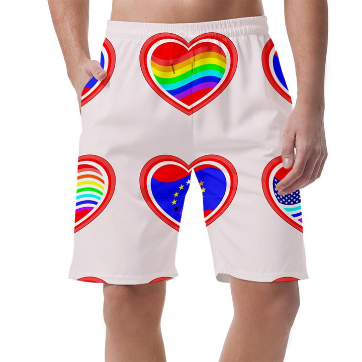 Rainbow Stylistic USA And EU Flags On The Form Red Heart Can Be Custom Photo 3D Men's Shorts