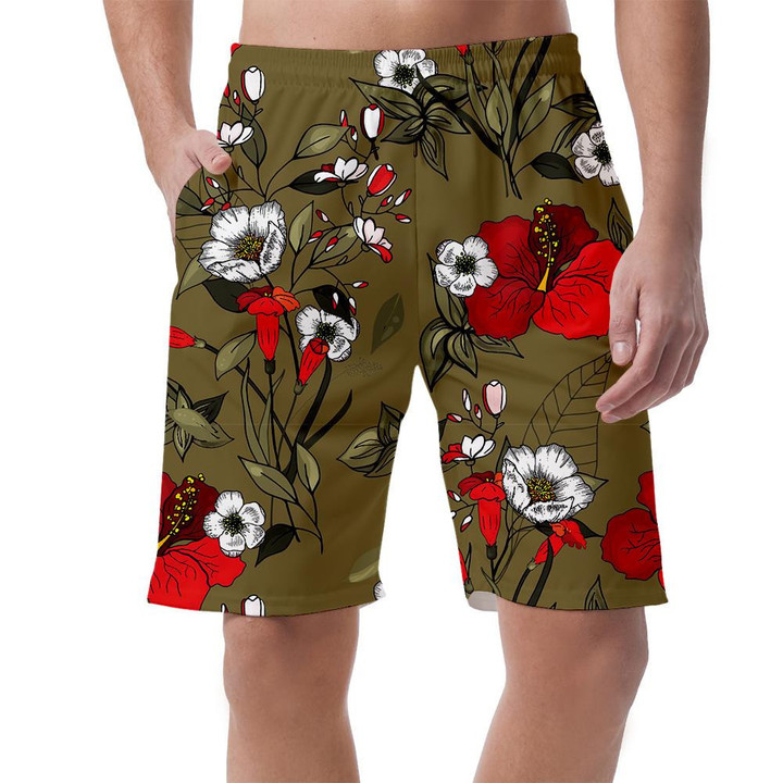 Red And White Blossom Floral On Brown Background Can Be Custom Photo 3D Men's Shorts