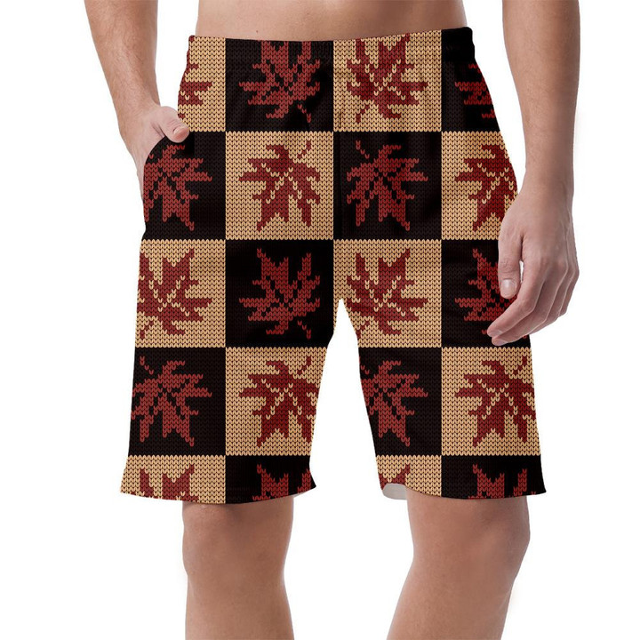 Repeating Plaid In Knitted Style With Autumn Maple Leaves Can Be Custom Photo 3D Men's Shorts