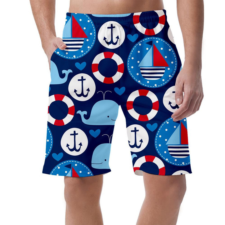 Sailing Ship Cute Whale And Anchor Cartoon Blue Pattern Can Be Custom Photo 3D Men's Shorts