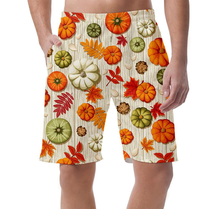 Pumpkin Seeds Cones And Autumn Leaves On Wooden Background Can Be Custom Photo 3D Men's Shorts