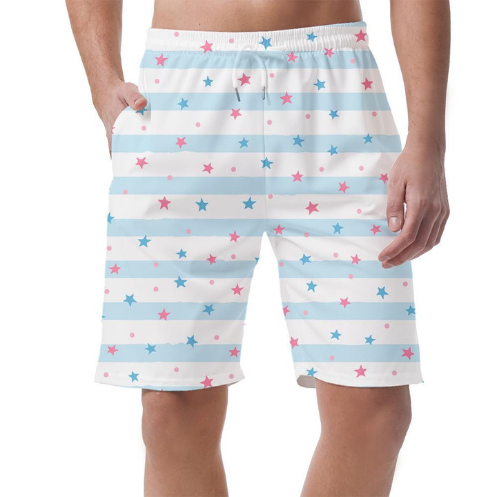 Repeated Scatted Stars Round Dots On Blue Striped Can Be Custom Photo 3D Men's Shorts