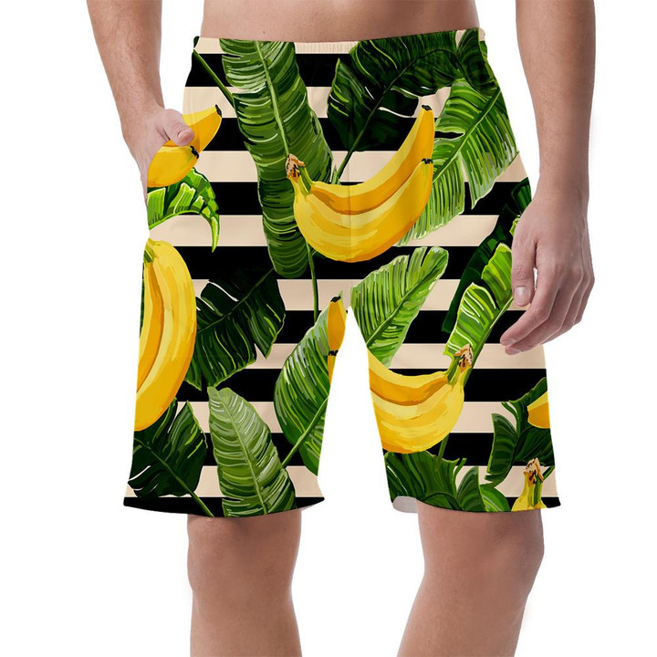 Summer Black Striped Background With Bananas Fruits And Leaves Can Be Custom Photo 3D Men's Shorts