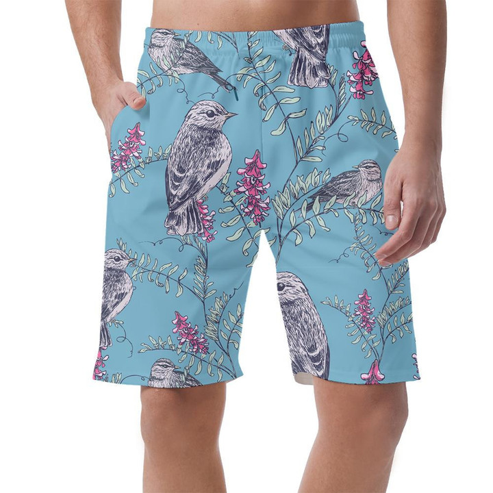 Retro Background With Birds Perched On Flower Branch Can Be Custom Photo 3D Men's Shorts