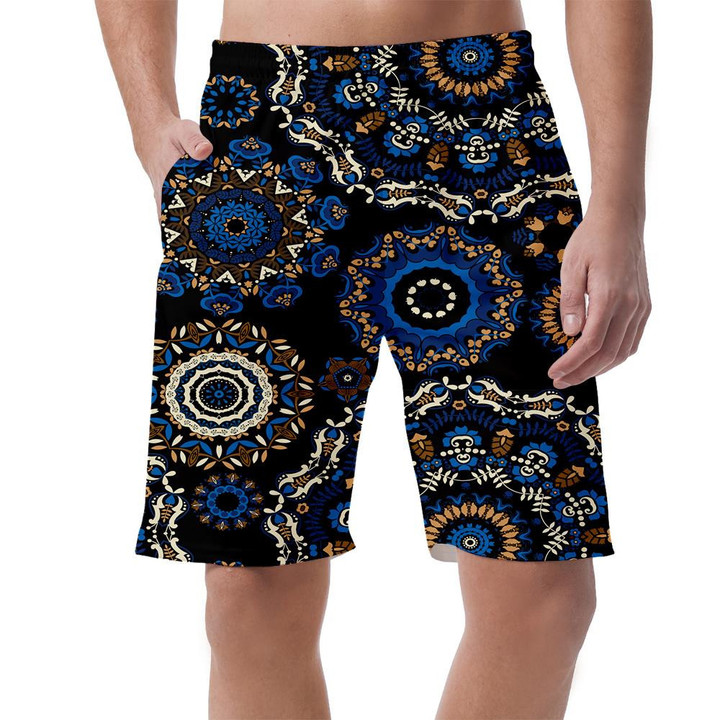 Stylized Mandala Blue And Brown Flowers On Black Background Can Be Custom Photo 3D Men's Shorts