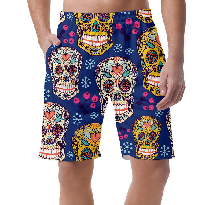 Sugar Skull Mexican With Floral On Blue Background Can Be Custom Photo 3D Men's Shorts
