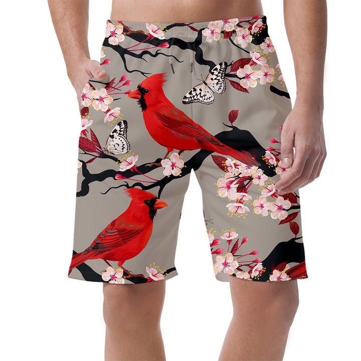 Red Cardinal Bird And Blooming Cherry Can Be Custom Photo 3D Men's Shorts