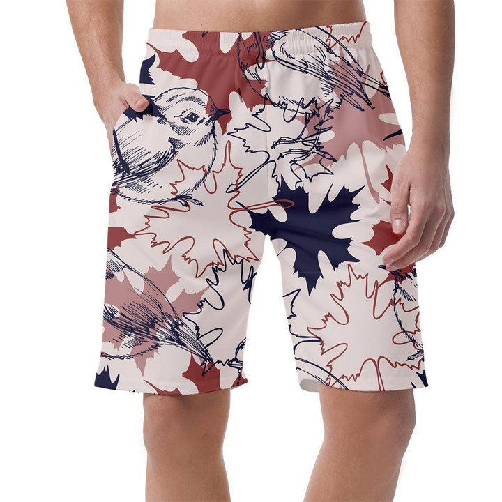 Repeating Pattern Sketch Style Birds And Maple Leaves Can Be Custom Photo 3D Men's Shorts